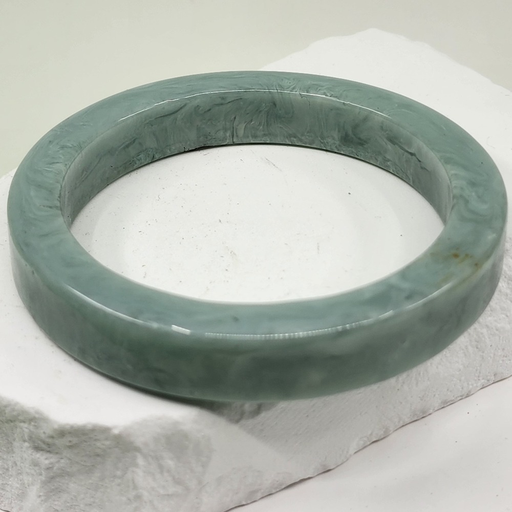 Vintage Pale Green Marbled Wide Bangle Bracelet Chunky Statement Retro Jewelry